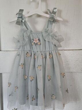 Girls Sage Tulle Dress with Floral Embroidery and Bow Straps
